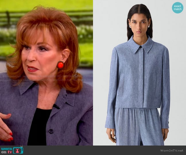 Theory Cropped Shirt Jacket in Fluid Linen Llight denim worn by Joy Behar on The View