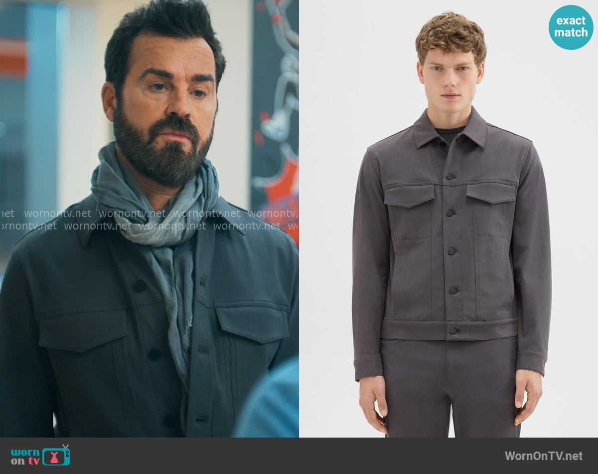 Theory River Cotton Blend Twill Trucker Jacket in Dark Grey worn by Cam Gordon (Justin Theroux) on Running Point