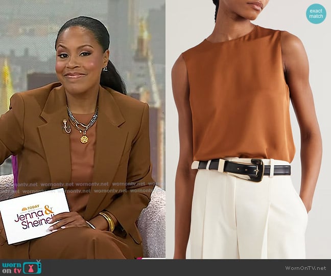 Theory Silk-satin Top in bright cognac worn by Sheinelle Jones on Today