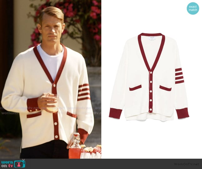 Thom Browne 4-Bar stripe cotton cardigan worn by Robert (Joel Kinnaman) on Imperfect Women