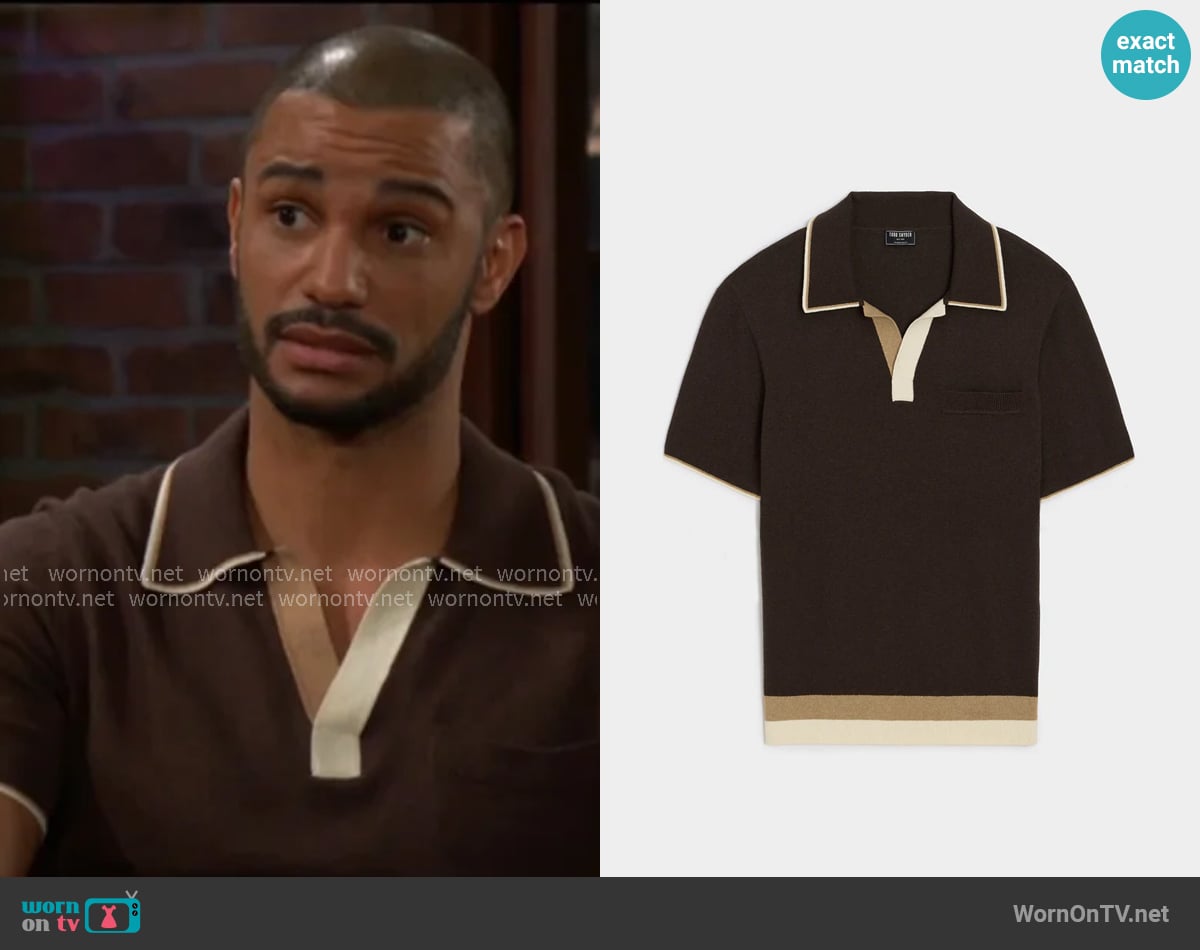 Todd Snyder Sedona Sweater Polo in Caviar worn by Holden Novak (Nathan Owens) on The Young and the Restless