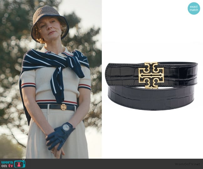 Tory Burch Croc Embossed Smooth Leather Belt worn by Lindsay Crane-Martín (Carey Mulligan) on Beef