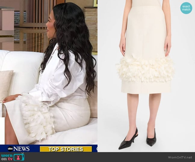 Emma Grede’s white feather trim skirt on GMA