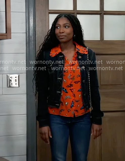 Trina’s red butterfly print top and denim jacket on General Hospital