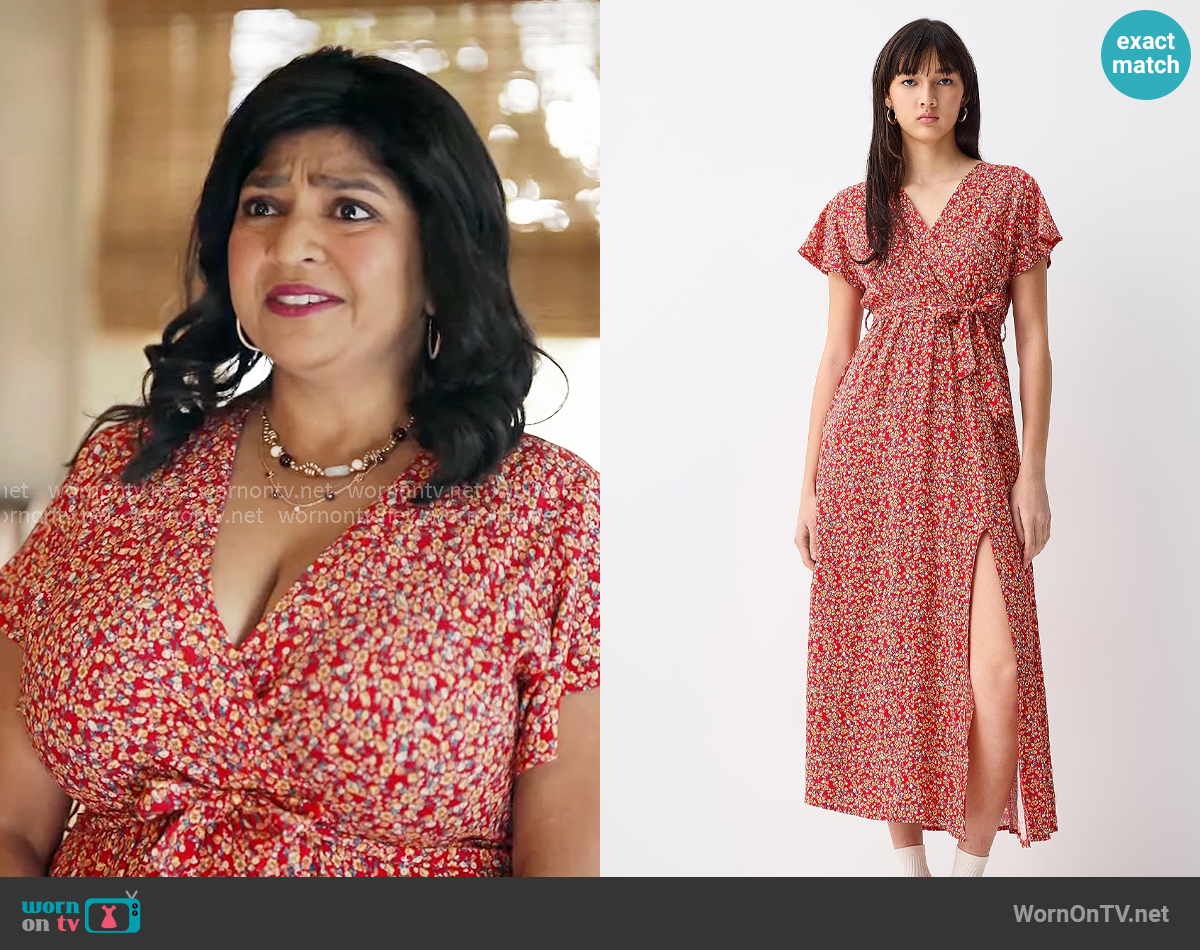 Twik at Simons Printed wraparound maxi dress in Ruby / Vermilion worn by Bela (Punam Patel) on Ghosts