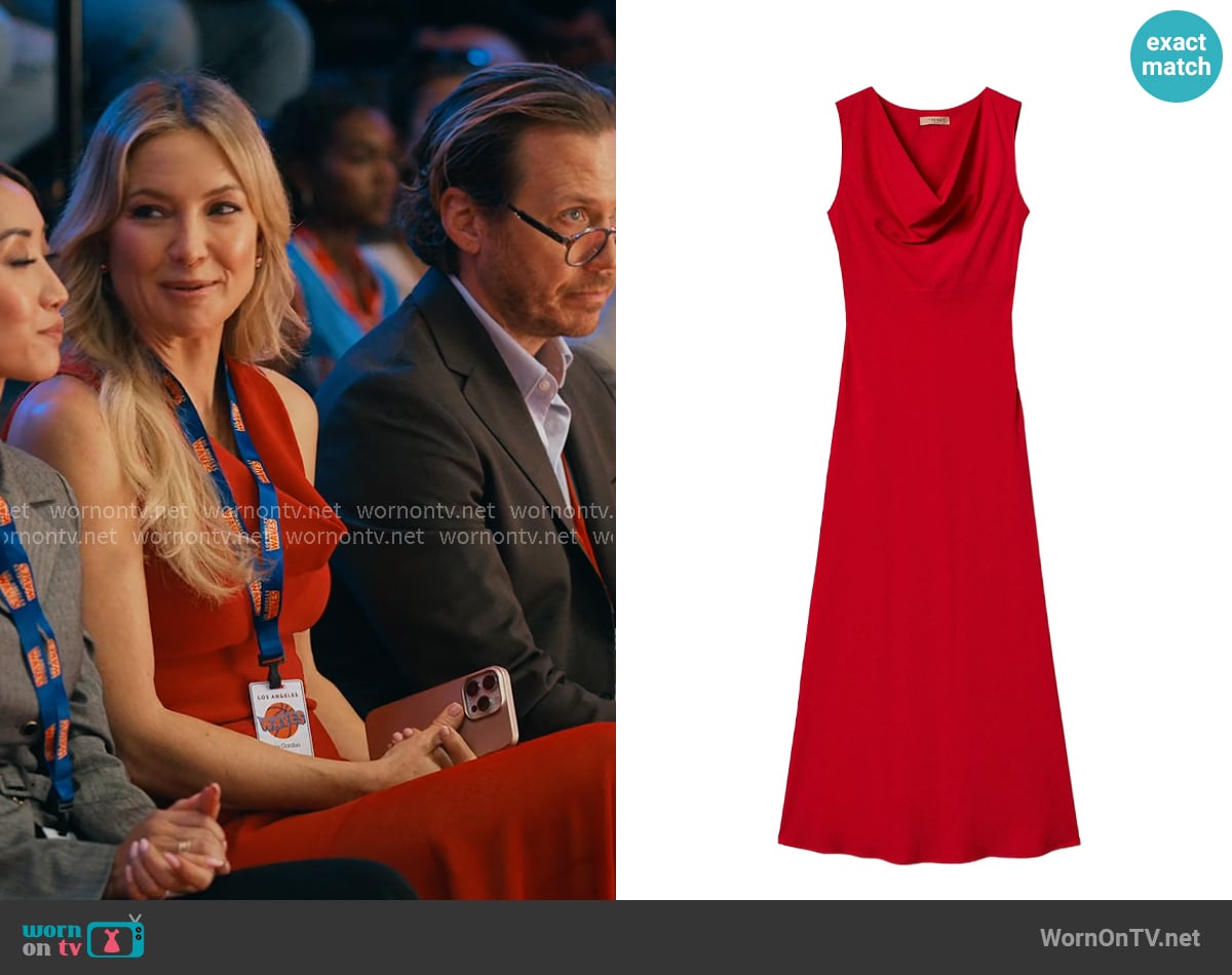 Isla’s red cowl neck dress on Running Point