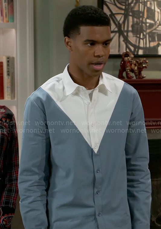 Tyrell’s blue and white triangle shirt on Beyond the Gates