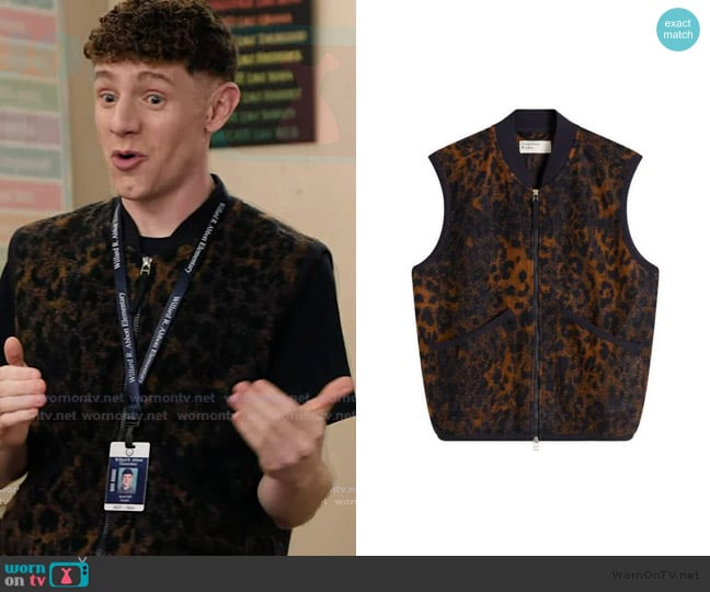 Universal Works Night Leopard Zip Waist Coat worn by Jacob Hill (Chris Perfetti) on Abbott Elementary