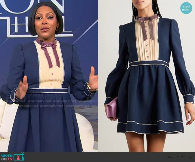 Valentino Garavani Ricrac, georgette and velvet-trimmed wool and silk-blend mini dress worn by Tamron Hall on Tamron Hall Show