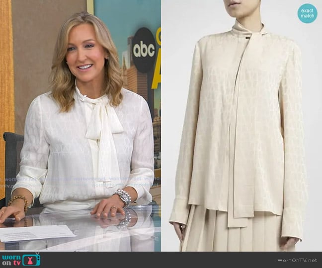 Valentino Garavani Tonal V-Logo Print Scarf-Neck Silk Blouse worn by Lara Spencer on Good Morning America