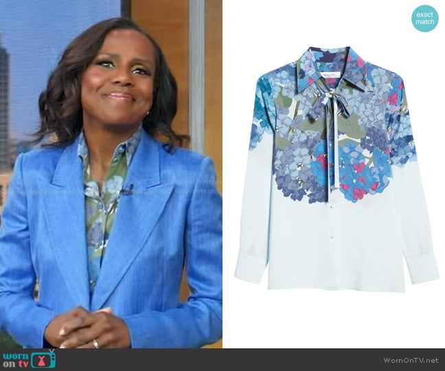 Valentino Hydrangea Print Silk Crepe de Chine Tie Neck Blouse worn by Deborah Roberts on Good Morning America