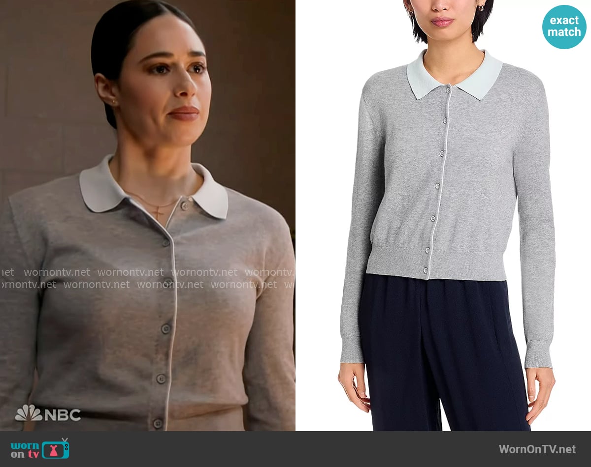 Lucy’s grey cardigan with contrasting collar on Chicago Fire
