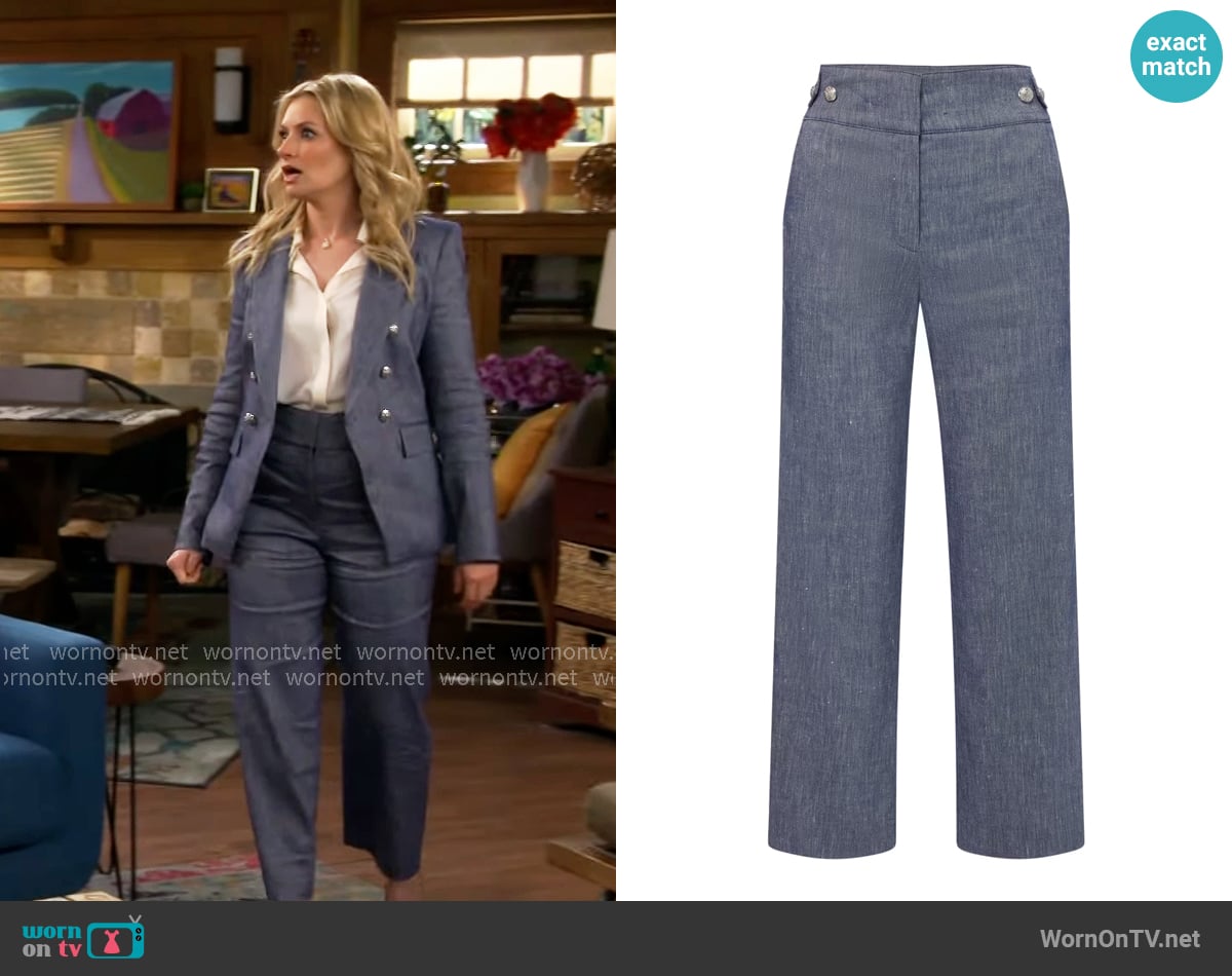 Veronica Beard Aubrie Pants in Blue Melange worn by Gemma (Beth Behrs) on The Neighborhood