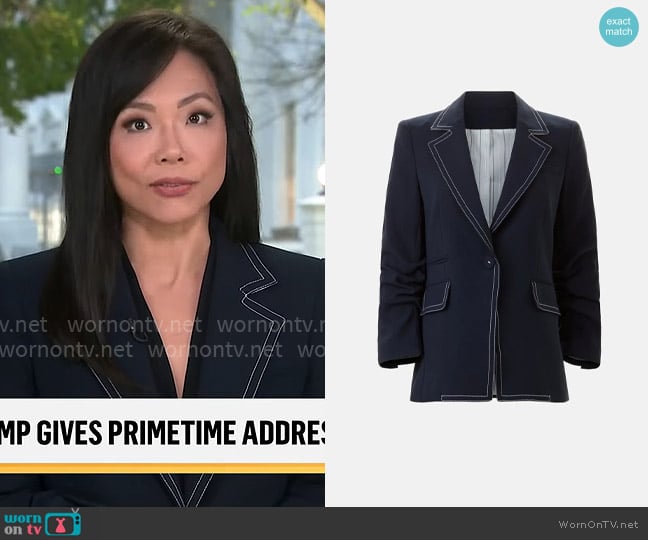 Weijia Jiang’s navy blazer with contrast stitching on CBS Mornings