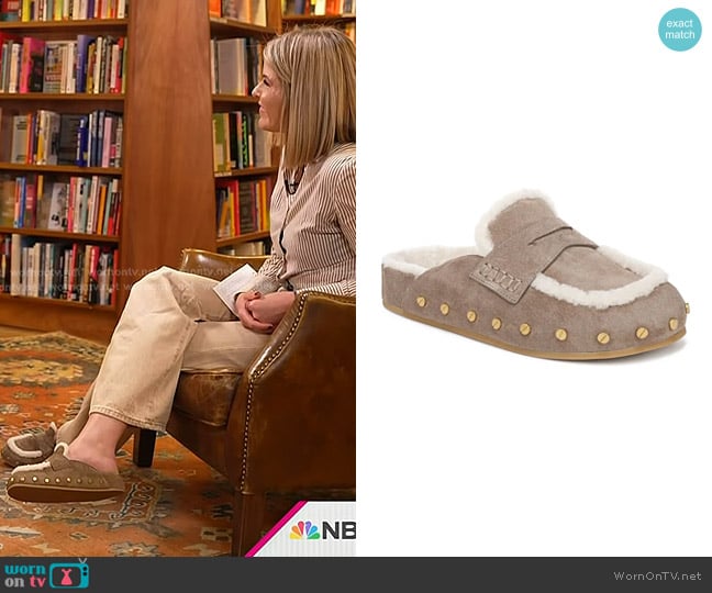 Veronica Beard Fenix Genuine Shearling Mule in Bark Ecru worn by Jenna Bush Hager on Today