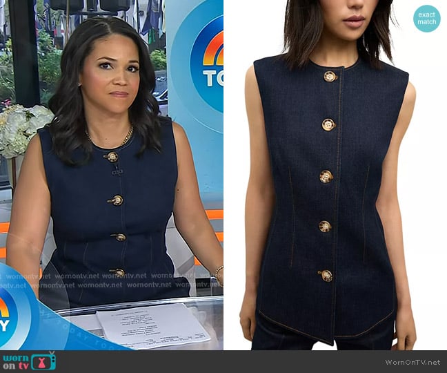 Veronica Beard Jessup Denim Vest inin Dark Oxford worn by Laura Jarrett on Today