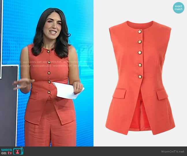 Veronica Beard Lois Linen-Blend Button-Front Vest in Persimmion worn by Liz Kreutz on Today