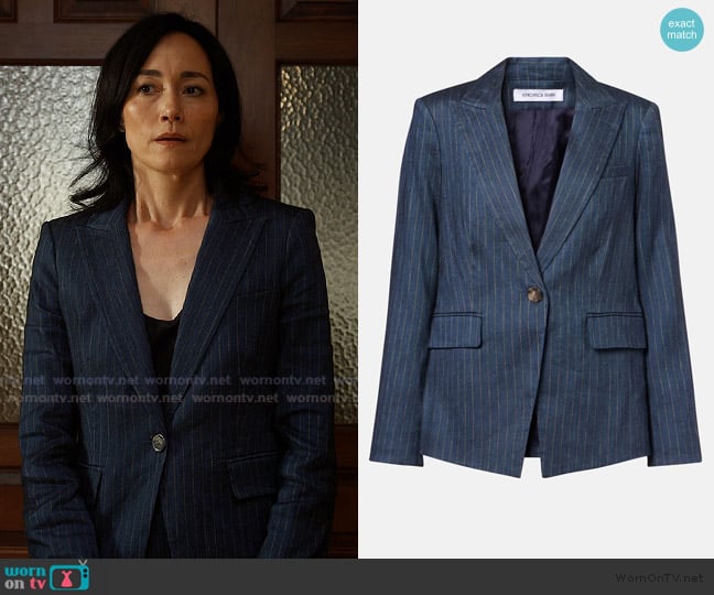 Veronica Beard Obie pinstripe linen-blend blazer worn by Jenny (Sandrine Holt) on Imperfect Women