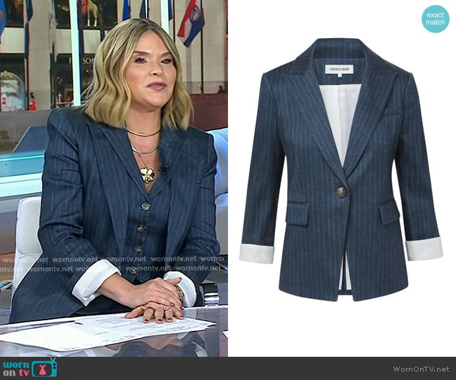 Veronica Beard Obie Pinstripe Linen Blend Dickey Jacket in Blue Dove worn by Jenna Bush Hager on Today