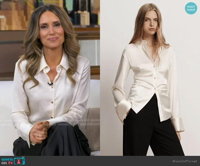 Veronica Beard Shiona Stretch-Silk Blouse in Dove White worn by Rhiannon Ally on Good Morning America