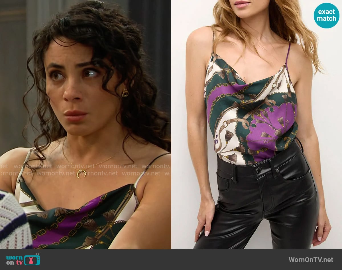 Veronica Beard Sola Silk Tank in Pine Multi worn by Daphne Rose (Murielle Hilaire) on The Bold and the Beautiful
