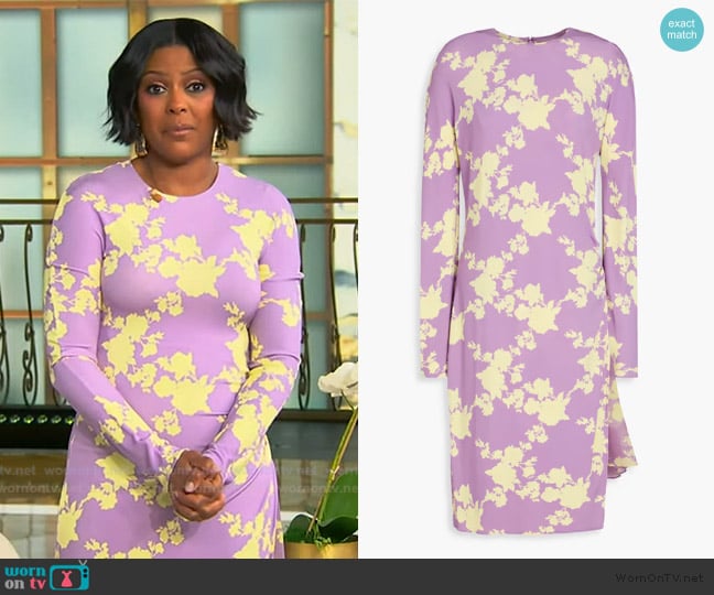 Versace Gathered floral print midi dress worn by Tamron Hall on Tamron Hall Show