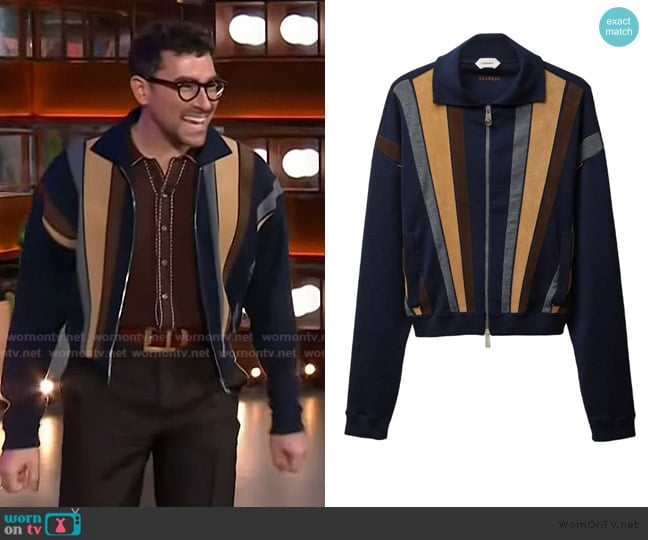 Versace Intarsia wool & leather patchwork zip sweatshirt worn by Dan Levy on The Kelly Clarkson Show