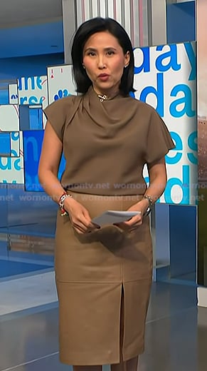 Vicky’s brown drape asymmetric top and leather skirt on NBC News Daily