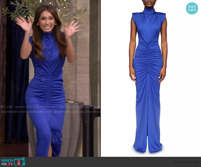 Victoria Beckham Ruched Jersey Column Gown worn by Brenda Song on Live with Kelly and Mark