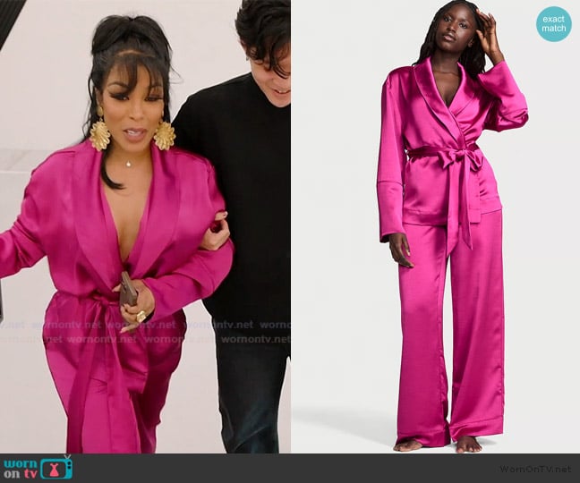 Victoria's Secret Luxe Satin Wrap Top and Pant Set worn by Kimberly Michelle Pate on The Real Housewives of Atlanta