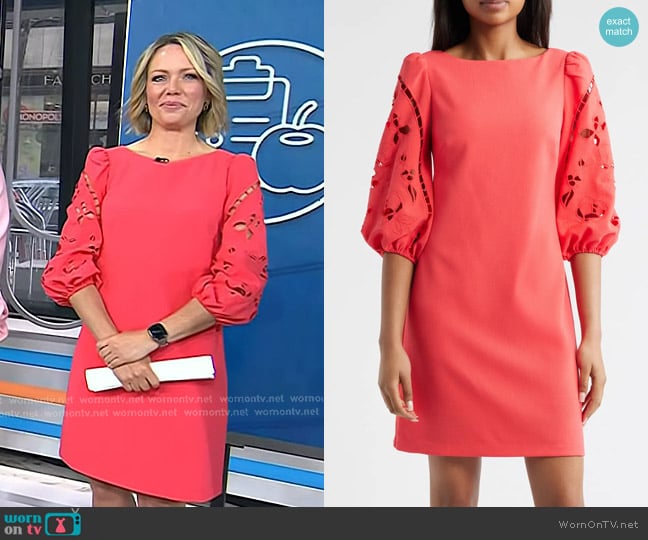 Vince Camuto Eyelet Sleeve Crepe Shift Dress in Hot Coral worn by Dylan Dreyer on Today