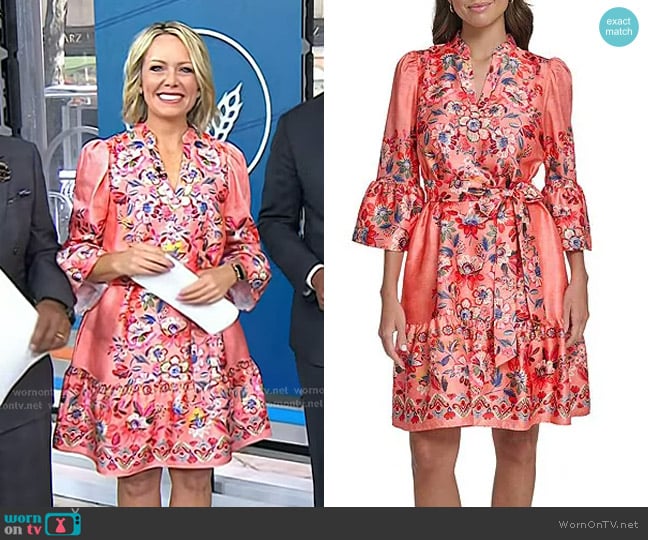 Vince Camuto Floral Print V-Neck 3/4 Sleeve Belted A-Line Dress in Coral worn by Dylan Dreyer on Today