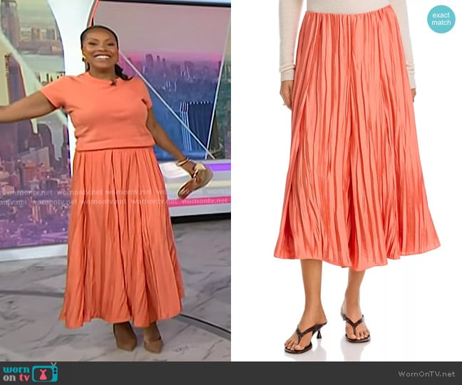 Vince Crinkle Paneled Maxi Skirt in Coral worn by Sheinelle Jones on Today