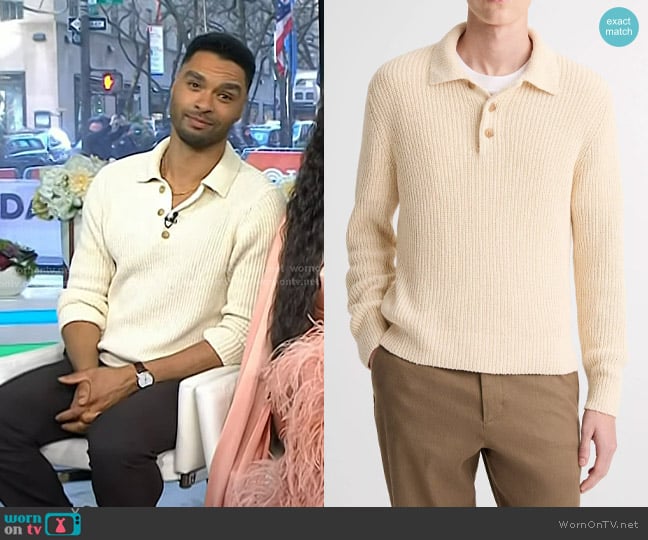 Vince Shaker Italian Cotton-Blend Polo Sweater in Bone worn by Regé-Jean Page on Today