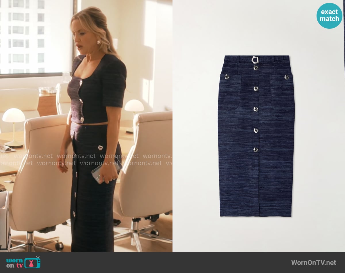 Violante Nessi Corot belted silk-tweed midi skirt worn by Isla Gordon (Kate Hudson) on Running Point