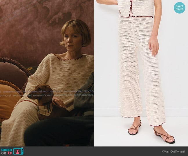 Vrg Grl Stella Crochet Pants in Cream worn by Lindsay Crane-Martín (Carey Mulligan) on Beef