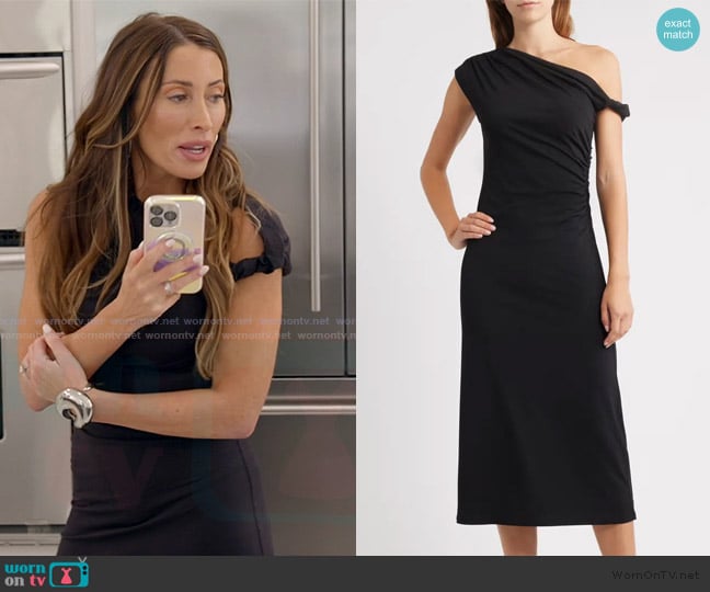 WayF Tara One-Shoulder Cocktail Midi Dress worn by Alicia Carmody on The Real Housewives of Rhode Island