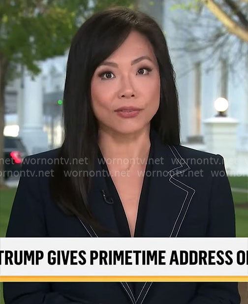Weijia Jiang’s navy blazer with contrast stitching on CBS Mornings