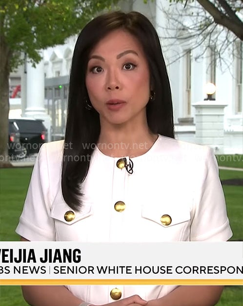 Weijia Jiang’s white short-sleeved jacket with gold buttons on CBS Mornings