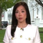 Weijia Jiang’s white short-sleeved jacket with gold buttons on CBS Mornings