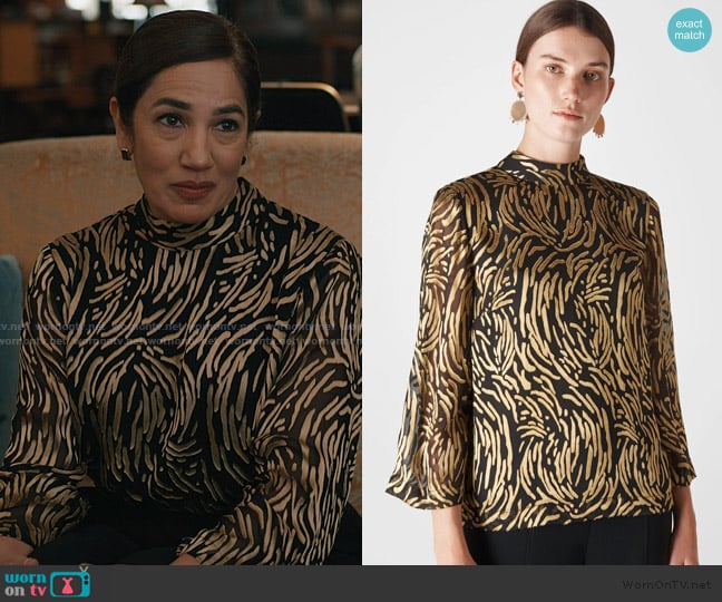 Whistles Gold Reed Devore Silk Mix Top worn by Jules (Purva Bedi) on Elsbeth