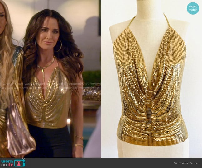 Whiting & Davis Gold Mesh Halter Top worn by Kyle Richards on The Real Housewives of Beverly Hills