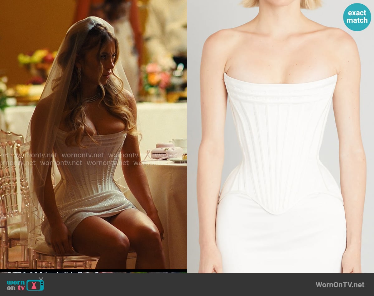 Wiederhoeft Wasp Corset in Matte Satin worn by Cassie Howard (Sydney Sweeney) on Euphoria