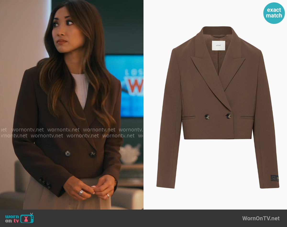 Wilfred at Aritzia Destiny Waist Blazer in Rich Mocha Brown worn by Ali Lee (Brenda Song) on Running Point