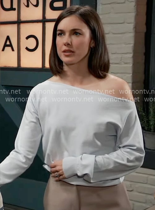 Willow’s light blue off shoulder sweater on General Hospital
