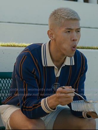 Woosh's blue striped collared shirt on Beef