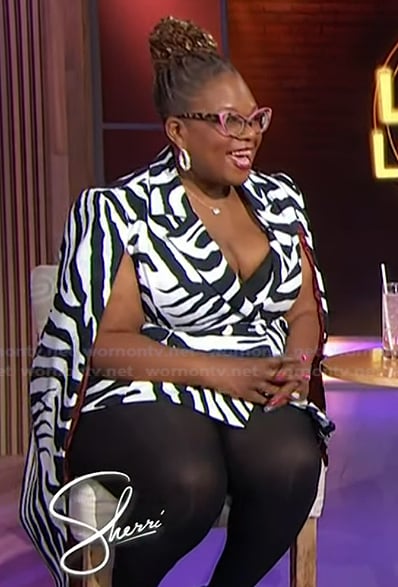Yamaneika Saunders’s zebra cape dress on Sherri