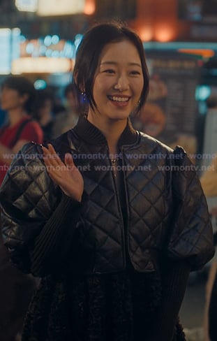 Yuri’s black quilted crop jacket on XO Kitty