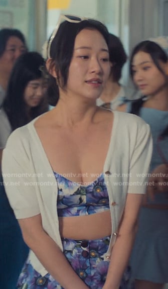 Yuri’s purple floral crop top and shorts on XO Kitty