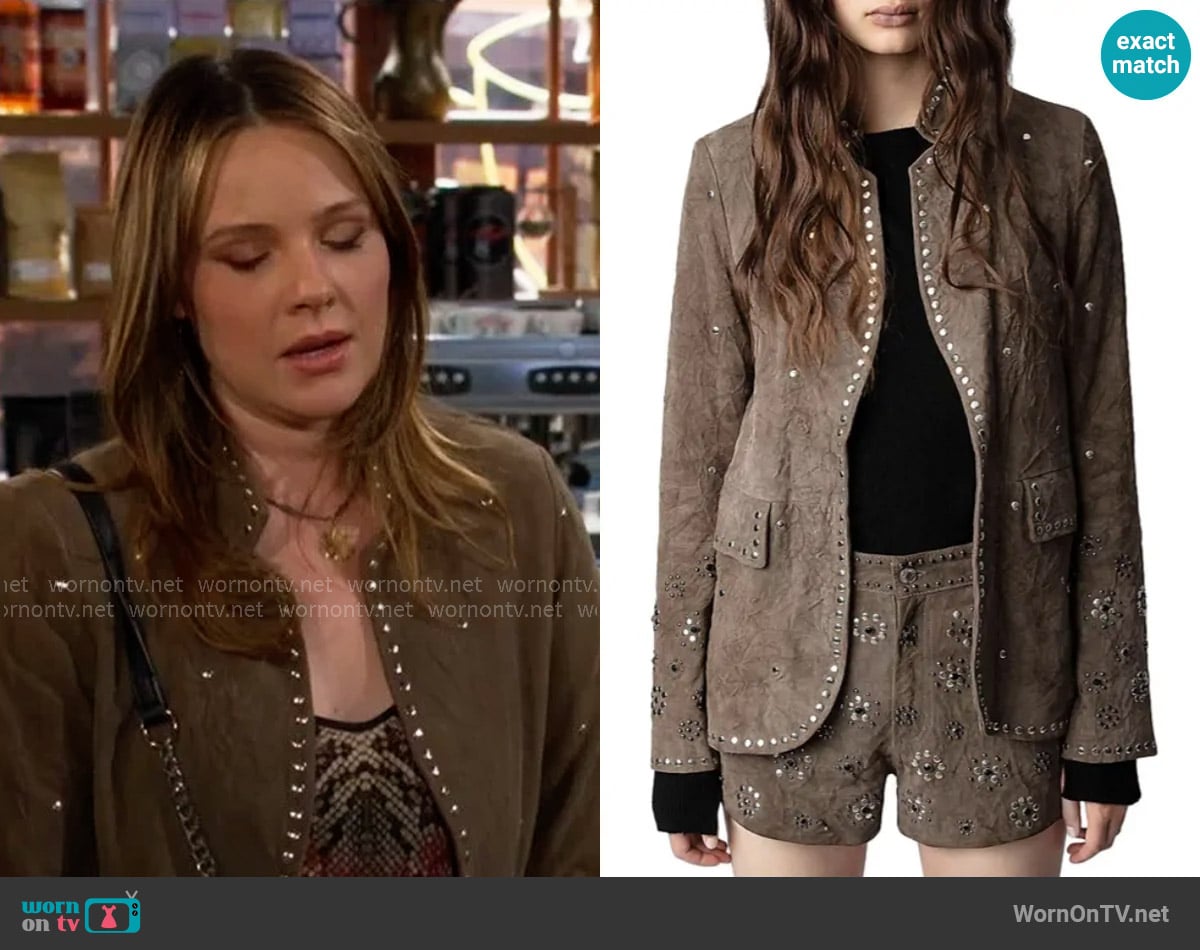 Zadig and Voltaire Very Studded Suede Blazer worn by Tessa Porter (Cait Fairbanks) on The Young and the Restless